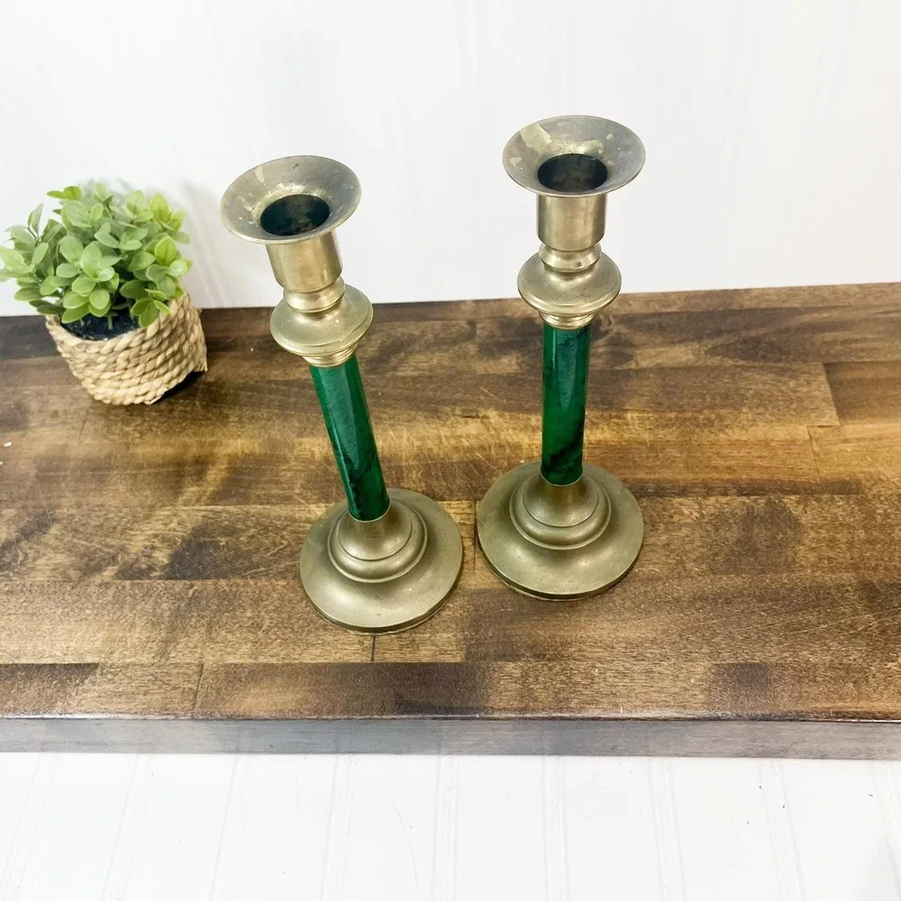 Vintage Green &‎ Brass Candlestick Set - Mid-Century Modern Decor